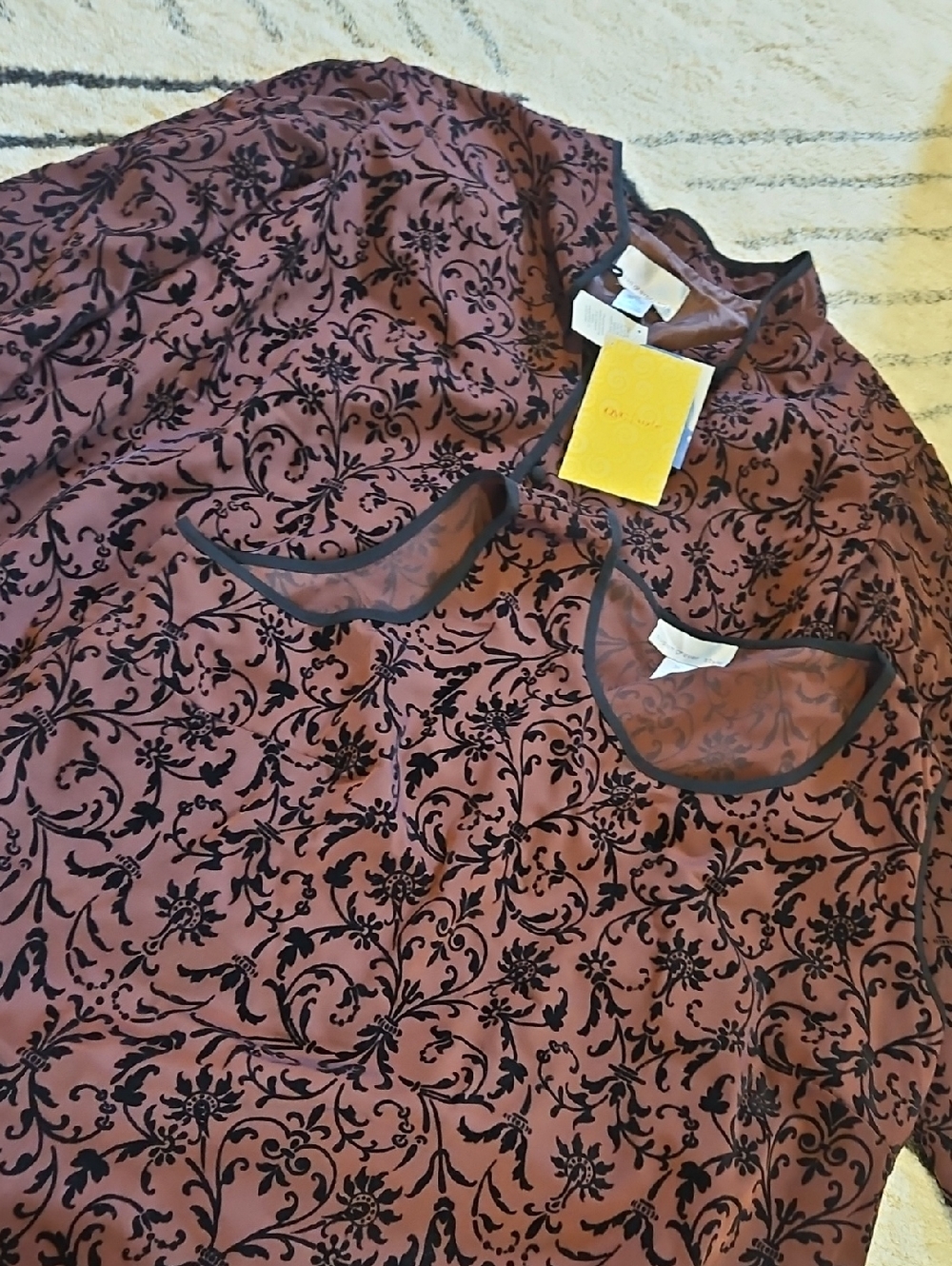 Susan Graver Mauve Floral Burnout Blouse with Black Trim